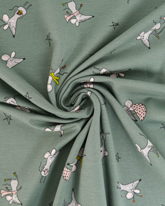 Tissu Jersey de Coton Olive Motif Souris - Mercerine
