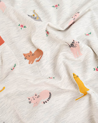 Tissu Jersey de Coton Gris Chiné Motif Chat - Mercerine