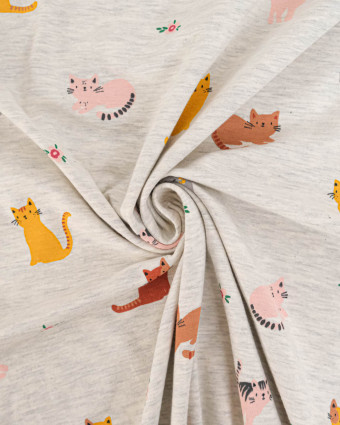 Tissu Jersey Gris Chiné Motif Chat - Mercerine