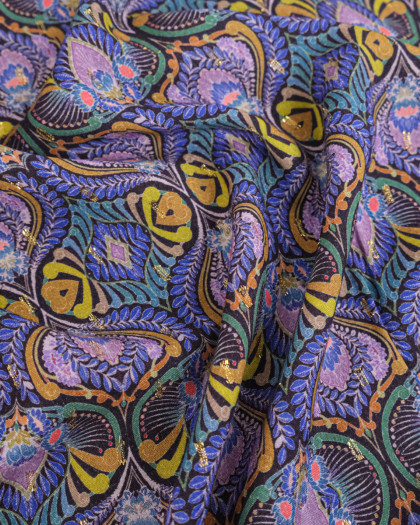 Viscose Motif Paon Floral Myrtille - Mercerine