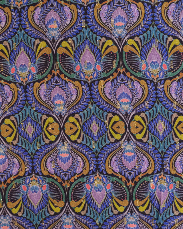 Viscose Motif Paon Floral Myrtille - Mercerine