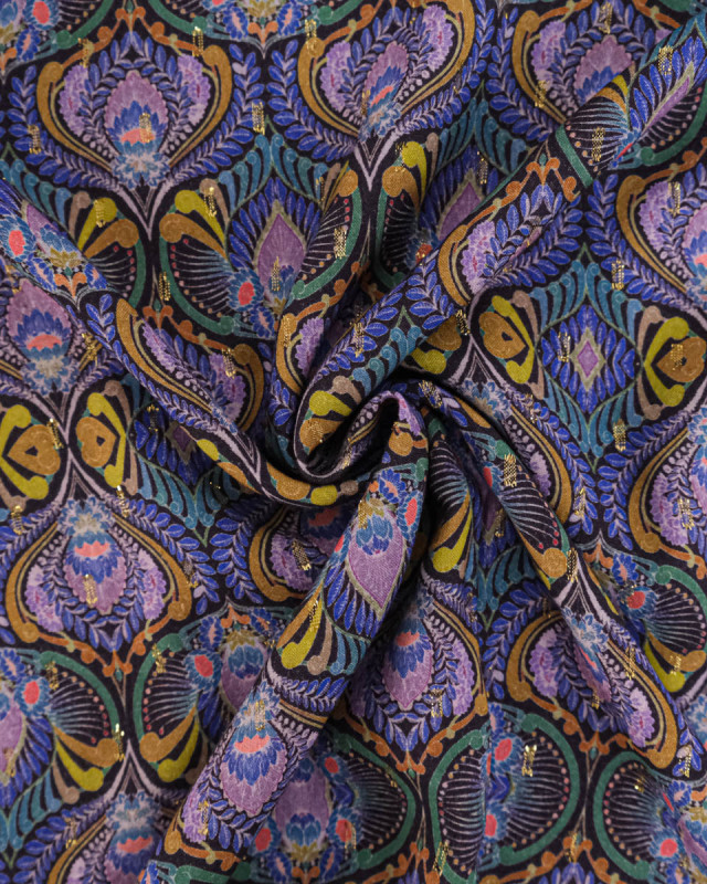 Viscose Motif Paon Floral Myrtille - Mercerine
