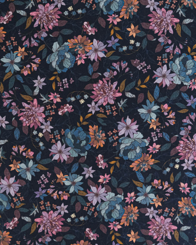 Popeline de coton bleu nuit Mila Gorgeous flower - Mercerine