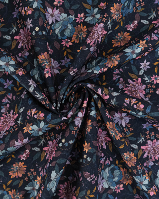 Popeline de coton bleu nuit Mila Gorgeous flower - Mercerine