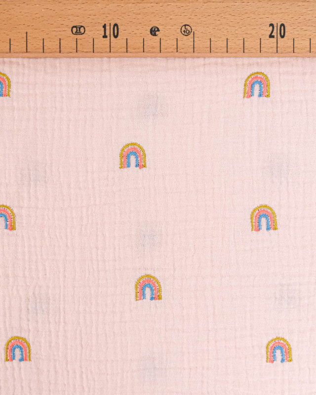 Double gaze de coton brodé arc en ciel rose - Mercerine