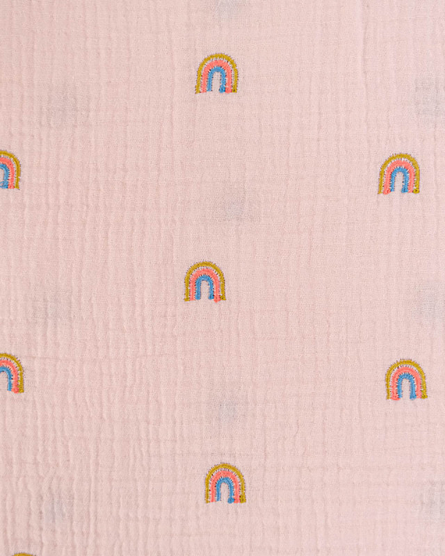 Double gaze de coton brodé arc en ciel rose - Mercerine