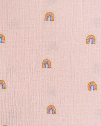 Double gaze de coton brodé arc en ciel rose - Mercerine