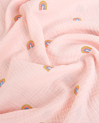 Double gaze de coton brodé arc en ciel rose - Mercerine
