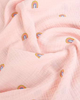 Double gaze de coton brodé arc en ciel rose - Mercerine