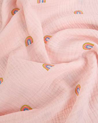 Double gaze de coton brodé arc en ciel rose - Mercerine