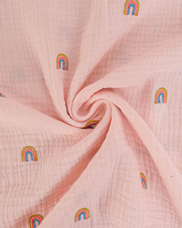 Double gaze de coton brodé arc en ciel rose - Mercerine