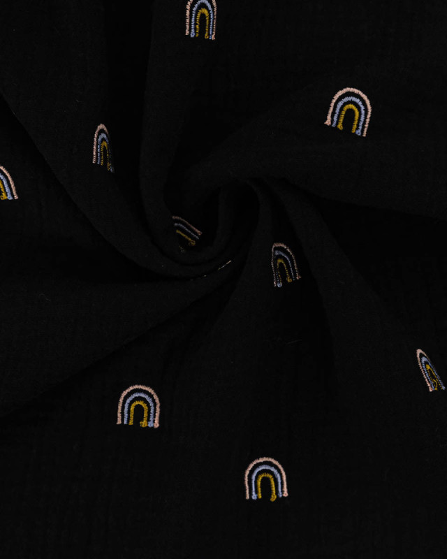 Double gaze de coton brodé arc en ciel fond noir - Mercerine