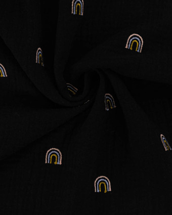 Double gaze de coton brodé arc en ciel fond noir - Mercerine