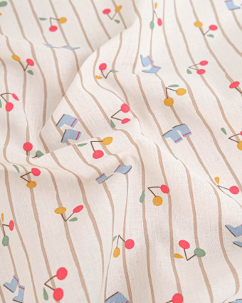 Tissu Coton Motif Bottes et Cerises Fond Ecru - Mercerine