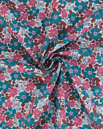 Tissu Coton Motif Fleurs Bleu Paon et Rose - Mercerine