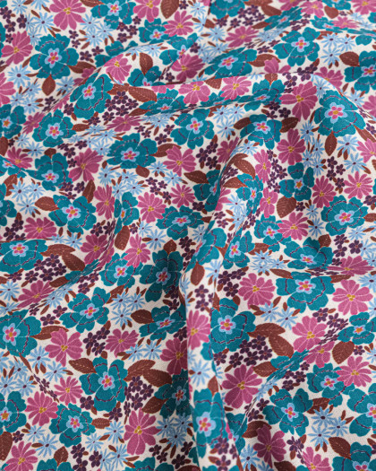 Tissu Coton Motif Fleurs Bleu Paon et Rose - Mercerine