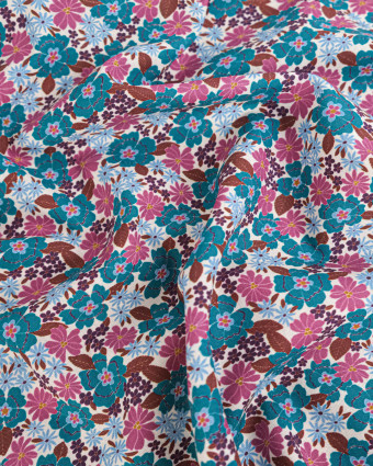 Tissu Coton Motif Fleurs Bleu Paon et Rose - Mercerine