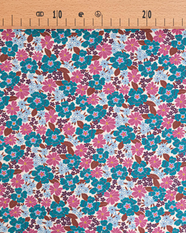 Tissu Coton Motif Fleurs Bleu Paon et Rose - Mercerine