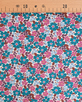 Tissu Coton Motif Fleurs Bleu Paon et Rose - Mercerine
