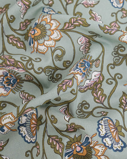 Tissu Coton Motif Fleurs Exotiques Fond Vert - Mercerine