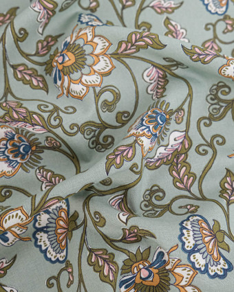 Tissu Coton Motif Fleurs Exotiques Fond Vert - Mercerine