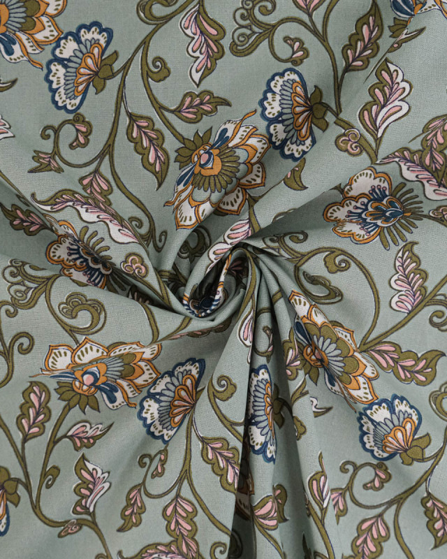 Tissu Coton Motif Fleurs Exotiques Fond Vert - Mercerine