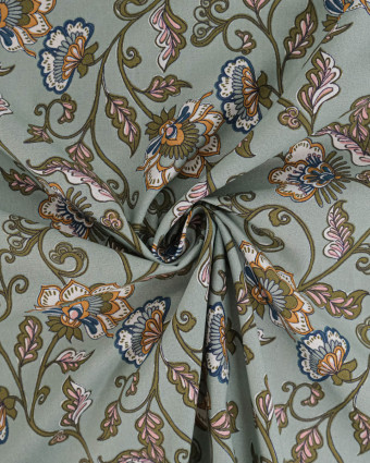 Tissu Coton Motif Fleurs Exotiques Fond Vert - Mercerine