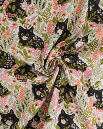 Tissu Coton Motif Chat Dans les Fleurs - Mercerine