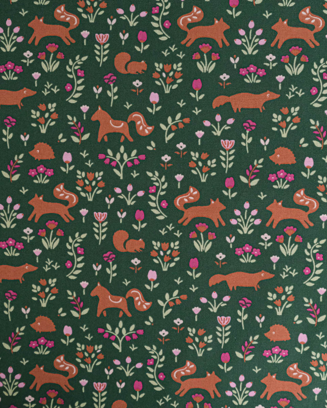 Tissu Coton Motif Ecureils Fond Vert - Mercerine