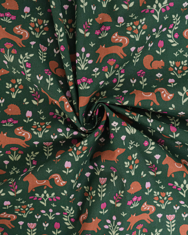 Tissu Coton Motif Ecureils Fond Vert - Mercerine
