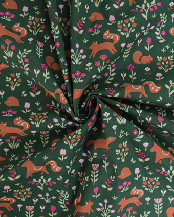 Tissu Coton Motif Ecureils Fond Vert - Mercerine