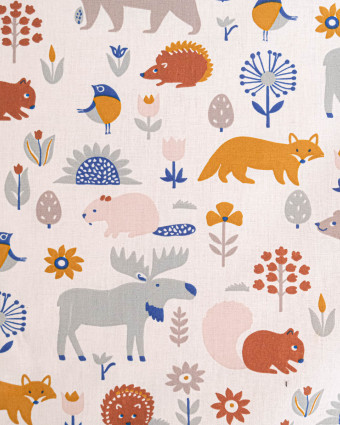 Tissu Coton Motif Animaux de la Forêt Fond Ecru - Mercerine