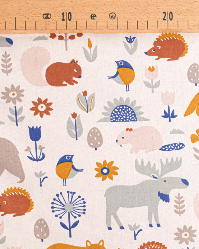 Tissu Coton Motif Animaux de la Forêt Fond Ecru - Mercerine