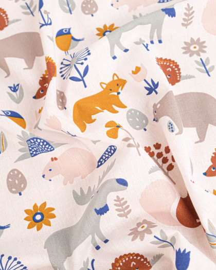 Tissu Coton Motif Animaux de la Forêt Fond Ecru - Mercerine