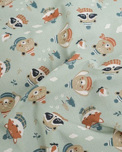 Tissu Coton Motif Animaux en Hiver Fond Vert - Mercerine