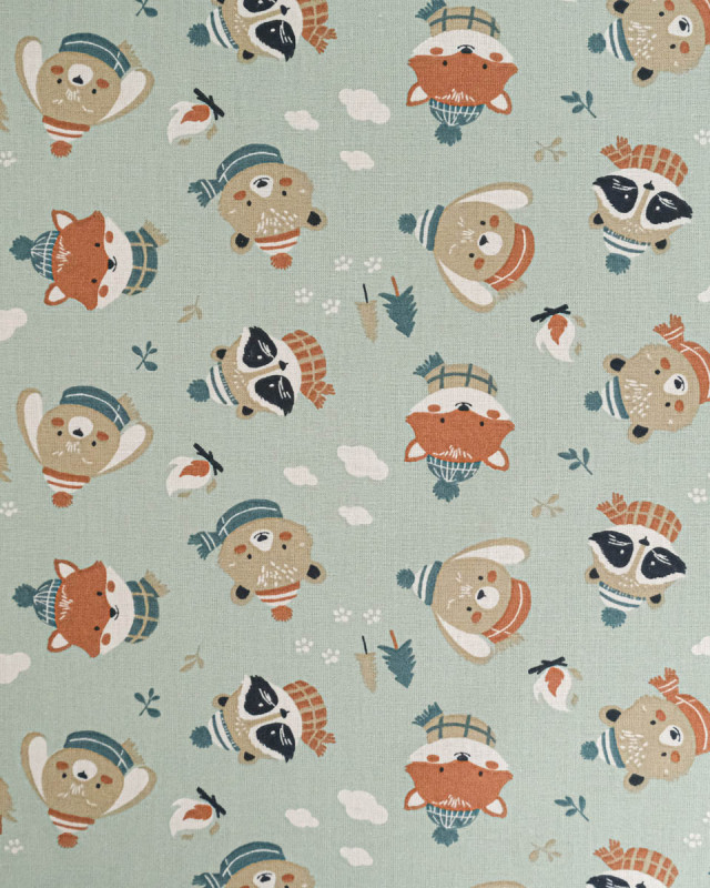 Tissu Coton Motif Animaux en Hiver Fond Vert - Mercerine