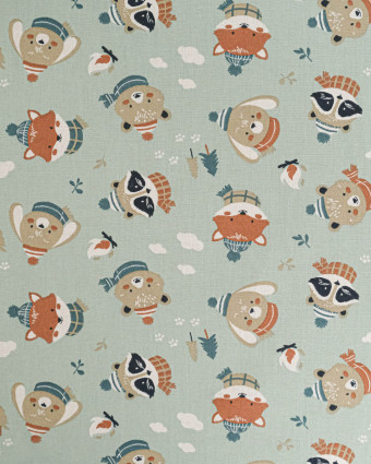 Tissu Coton Motif Animaux en Hiver Fond Vert - Mercerine