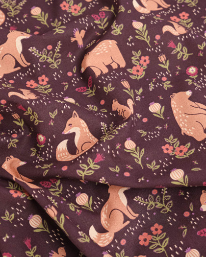 Tissu Coton Motif Ours et Renard Prune - Mercerine