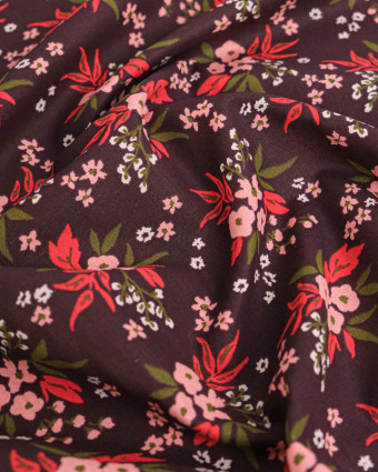 Tissu Coton Motif Fleurs Tricolores Fond Prune - Mercerine