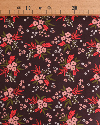 Tissu Coton Motif Fleurs Tricolores Fond Prune - Mercerine