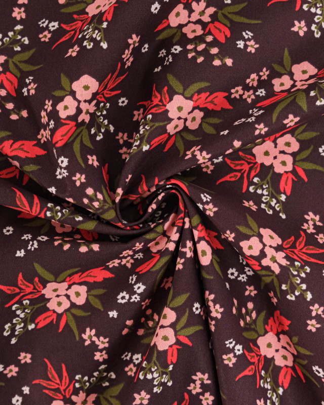 Tissu Coton Motif Fleurs Tricolores Fond Prune - Mercerine