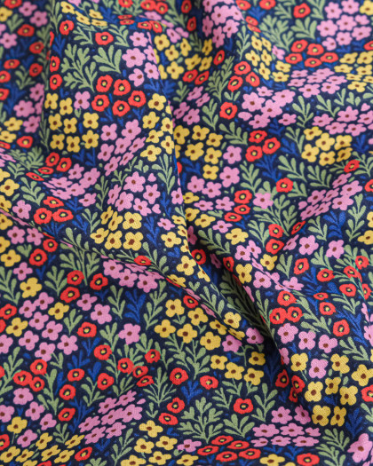 Tissu Coton Motif Fleuri Bleu Rose Jaune - Mercerine