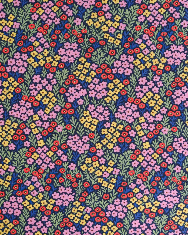 Tissu Coton Motif Fleuri Bleu Rose Jaune  - Mercerine