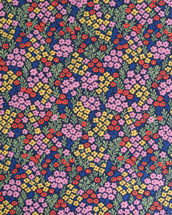 Tissu Coton Motif Fleuri Bleu Rose Jaune  - Mercerine