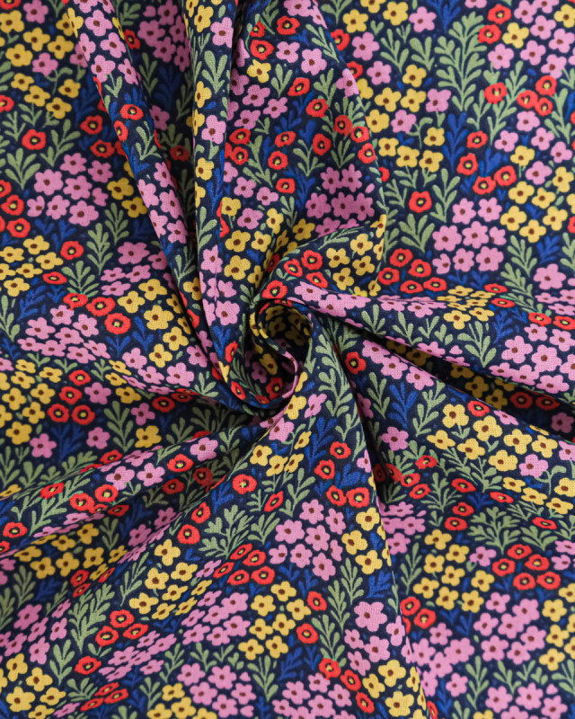 Tissu Coton Motif Fleuri Bleu Rose Jaune  - Mercerine