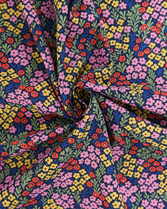 Tissu Coton Motif Fleuri Bleu Rose Jaune  - Mercerine