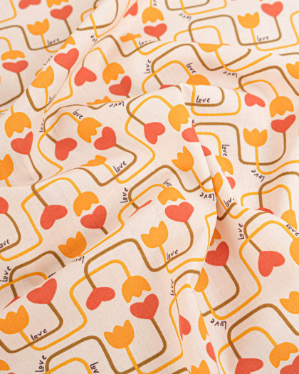 Tissu Coton Motif Circuit Cœur Fond Ecru - Mercerine