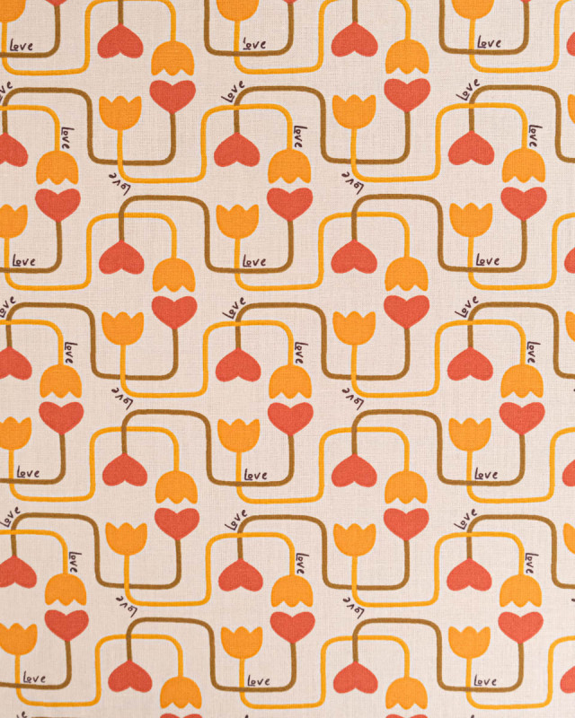 Tissu Coton Motif Circuit Cœur Fond Ecru - Mercerine