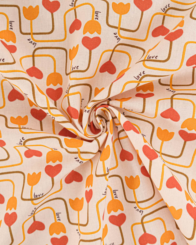 Tissu Coton Motif Circuit Cœur Fond Ecru - Mercerine