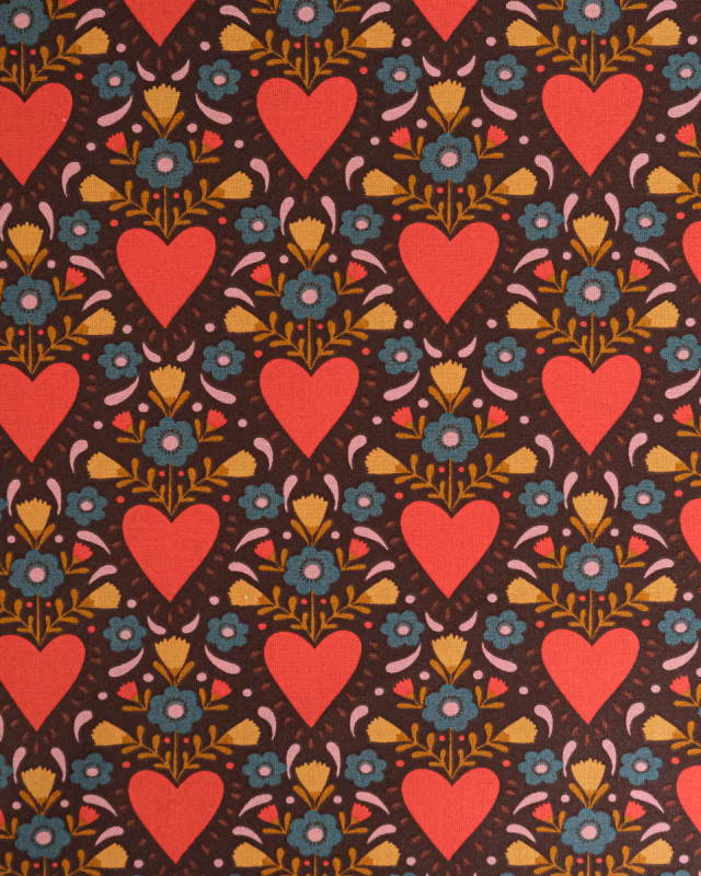 Tissu Coton Motif Cœur Fleuri Fond Chocolat - Mercerine